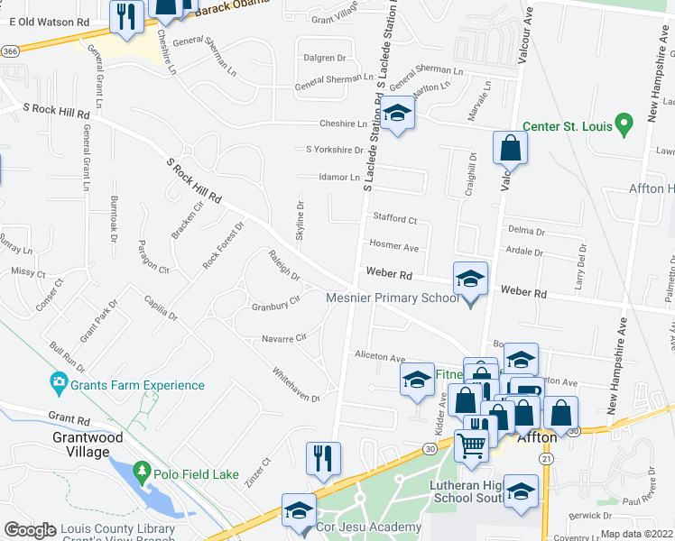 map of restaurants, bars, coffee shops, grocery stores, and more near 8615 South Laclede Station Road in Affton