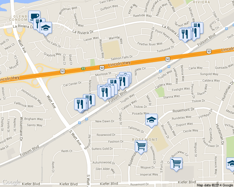 map of restaurants, bars, coffee shops, grocery stores, and more near 8991 Folsom Blvd in Rosemont