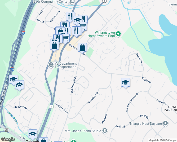 map of restaurants, bars, coffee shops, grocery stores, and more near 3826 Grafton Court in Triangle