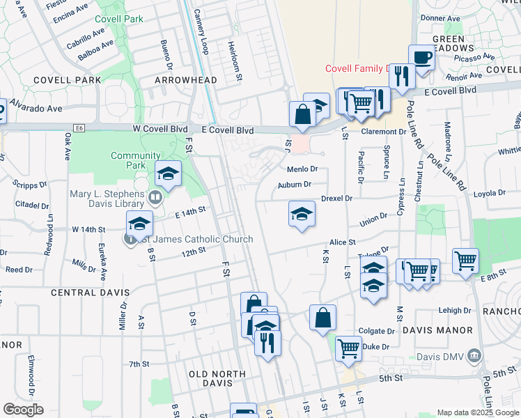 map of restaurants, bars, coffee shops, grocery stores, and more near 1122 J Street in Davis