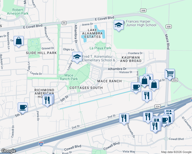 map of restaurants, bars, coffee shops, grocery stores, and more near 3641 Nido Terrace in Davis