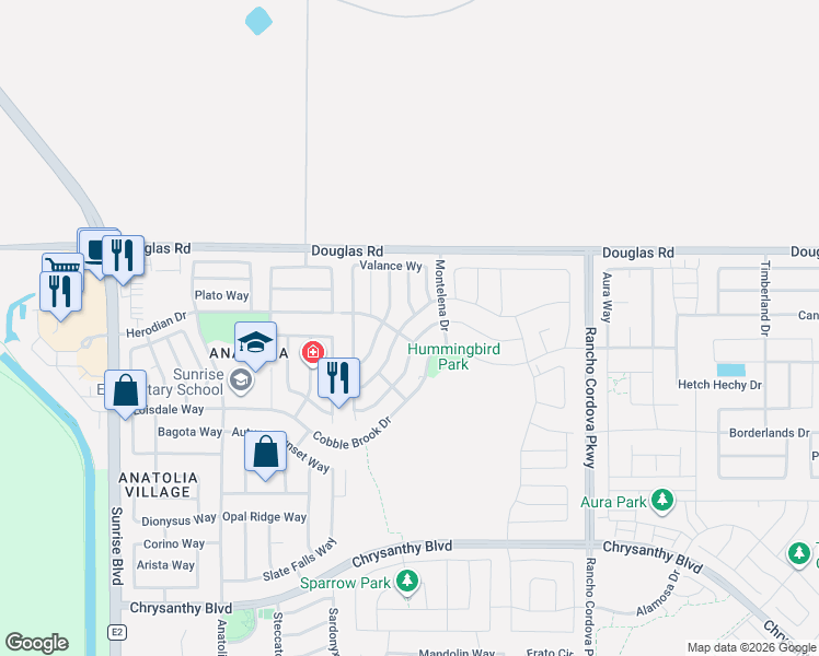 map of restaurants, bars, coffee shops, grocery stores, and more near Granzella Way in Rancho Cordova