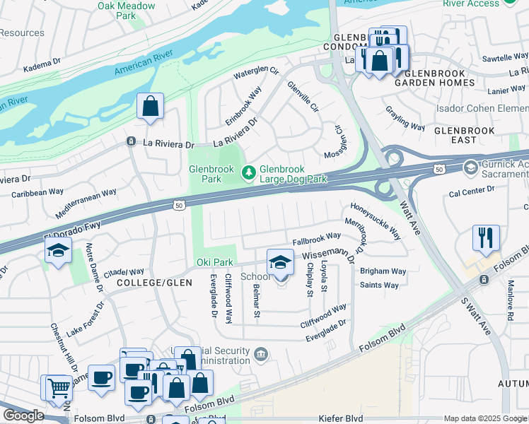 map of restaurants, bars, coffee shops, grocery stores, and more near 2801 Conbar Court in Sacramento
