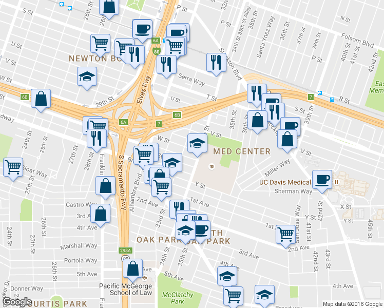 map of restaurants, bars, coffee shops, grocery stores, and more near 3315 W Street in Sacramento