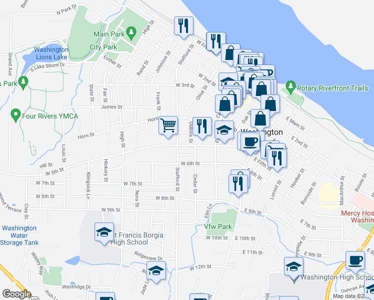 map of restaurants, bars, coffee shops, grocery stores, and more near 505 West 5th Street in Washington