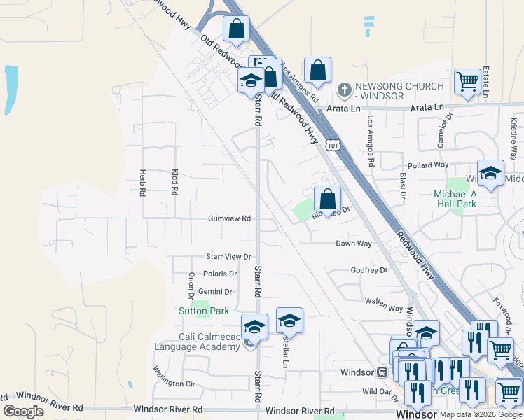 map of restaurants, bars, coffee shops, grocery stores, and more near 9940 Starr Road in Windsor