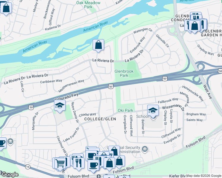 map of restaurants, bars, coffee shops, grocery stores, and more near 20 Seine Court in Sacramento