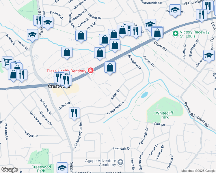 map of restaurants, bars, coffee shops, grocery stores, and more near 8709 Mary Glen Drive in St. Louis