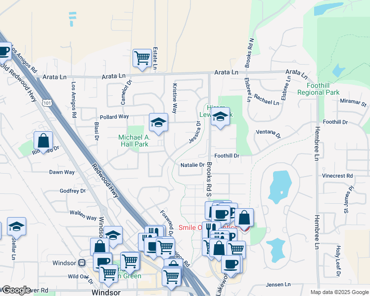 map of restaurants, bars, coffee shops, grocery stores, and more near 9453 Jessica Drive in Windsor