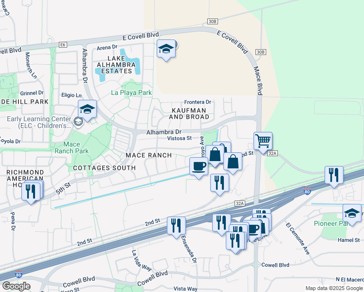 map of restaurants, bars, coffee shops, grocery stores, and more near 4205 Vistosa Street in Davis