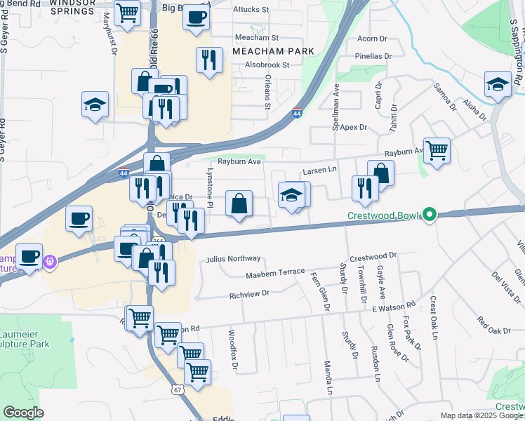 map of restaurants, bars, coffee shops, grocery stores, and more near 252 Monica Drive in St. Louis