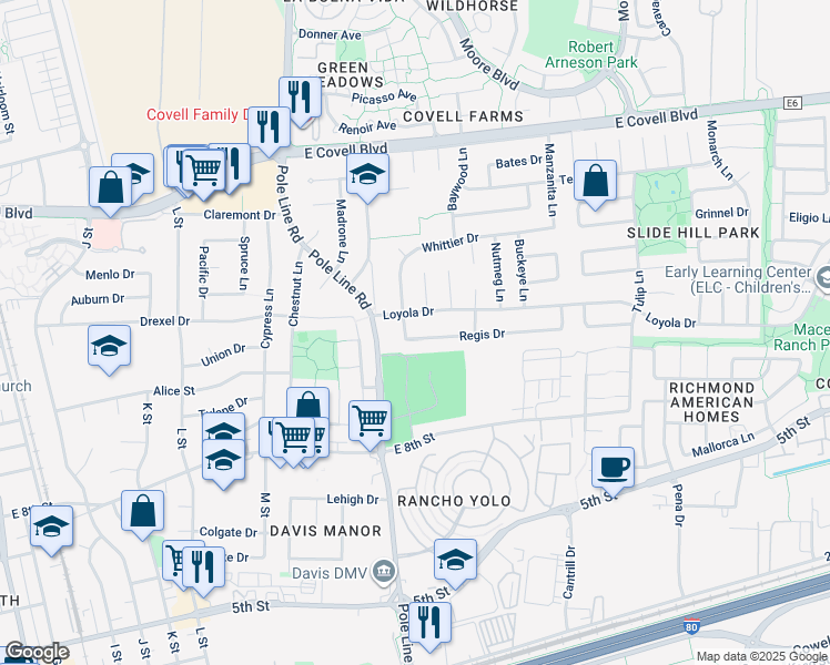 map of restaurants, bars, coffee shops, grocery stores, and more near 2011 Regis Drive in Davis