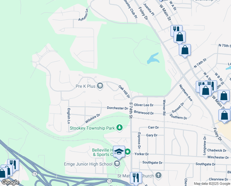 map of restaurants, bars, coffee shops, grocery stores, and more near 60 Oak Hill Drive in Belleville
