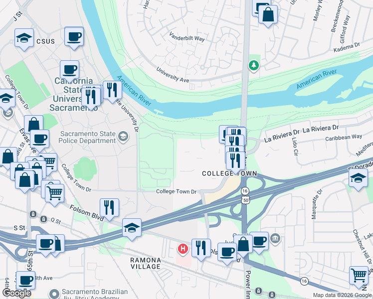 map of restaurants, bars, coffee shops, grocery stores, and more near 7761 College Town Drive in Sacramento
