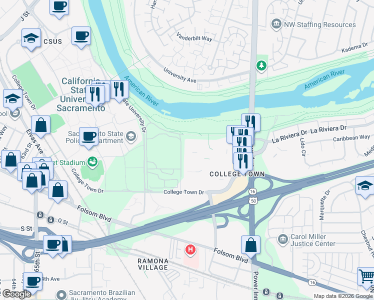map of restaurants, bars, coffee shops, grocery stores, and more near 7761 College Town Drive in Sacramento