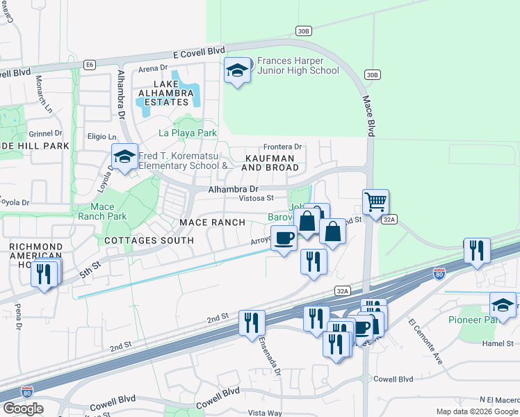 map of restaurants, bars, coffee shops, grocery stores, and more near 4205 Vistosa Street in Davis
