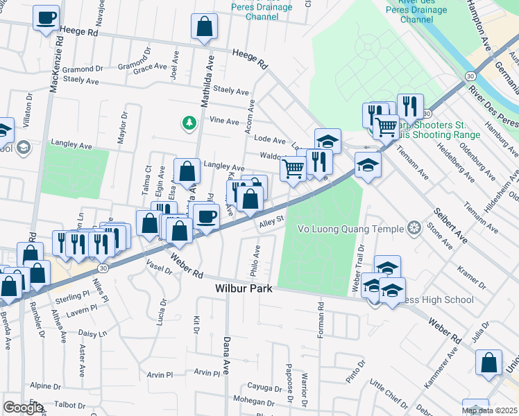 map of restaurants, bars, coffee shops, grocery stores, and more near 8528 Philo Avenue in Affton