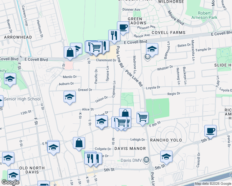 map of restaurants, bars, coffee shops, grocery stores, and more near in Davis