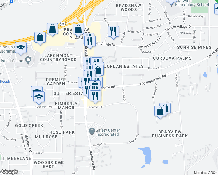 map of restaurants, bars, coffee shops, grocery stores, and more near 3509 Bradshaw Road in Sacramento