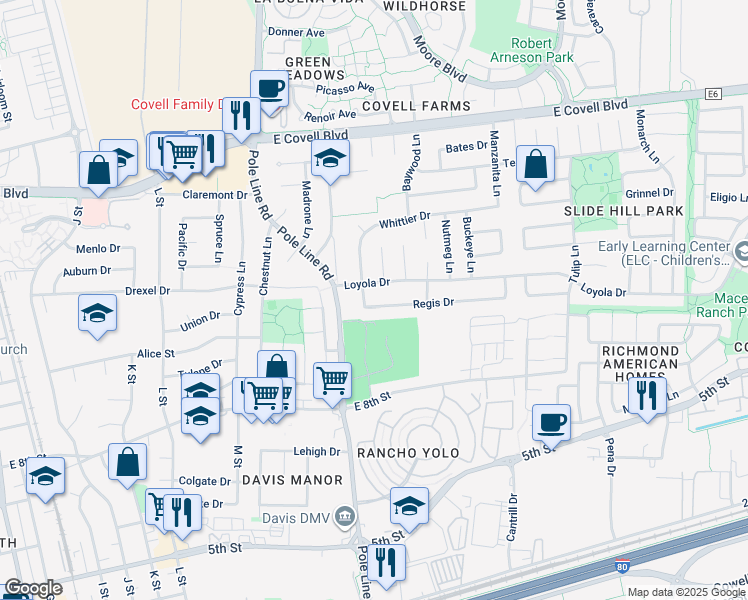 map of restaurants, bars, coffee shops, grocery stores, and more near 2011 Regis Drive in Davis