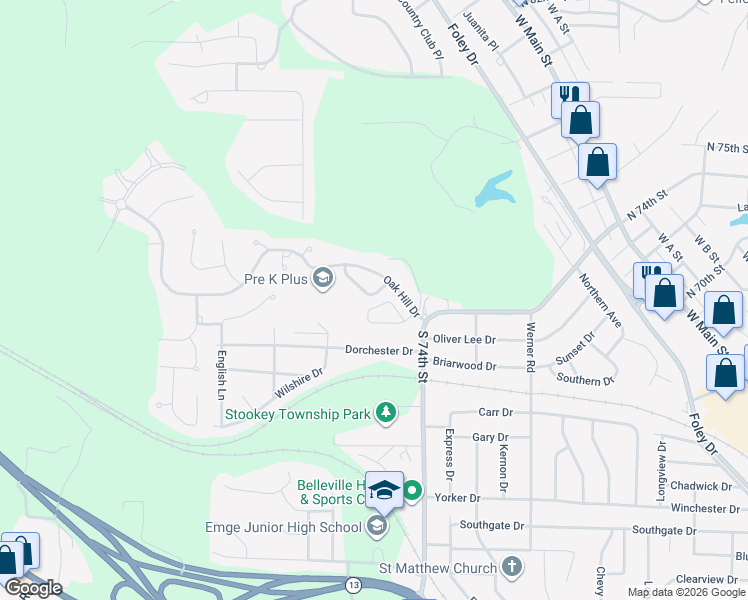 map of restaurants, bars, coffee shops, grocery stores, and more near 64 Oak Hill Drive in Belleville