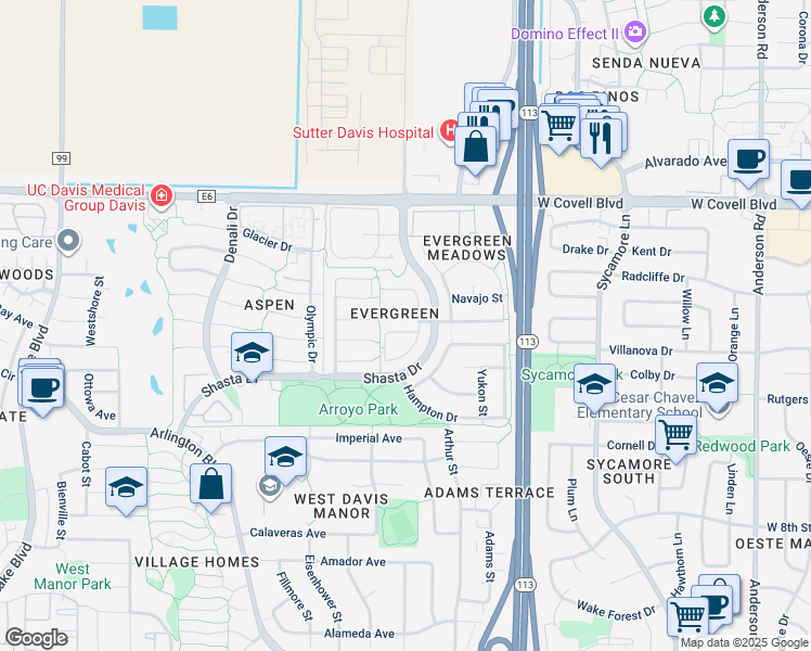 map of restaurants, bars, coffee shops, grocery stores, and more near 1715 Colorado Lane in Davis
