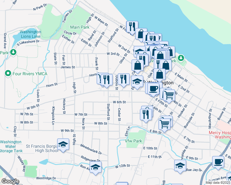 map of restaurants, bars, coffee shops, grocery stores, and more near 505 West 5th Street in Washington