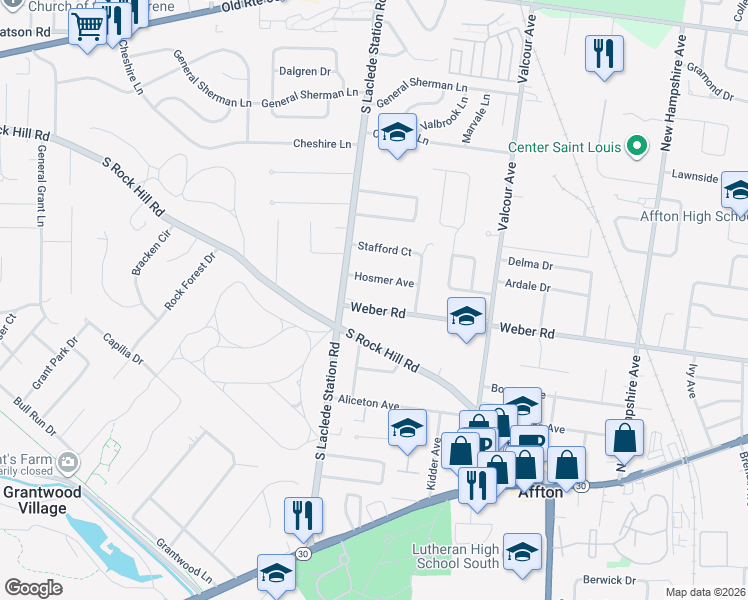 map of restaurants, bars, coffee shops, grocery stores, and more near 7218 Hosmer Avenue in Affton
