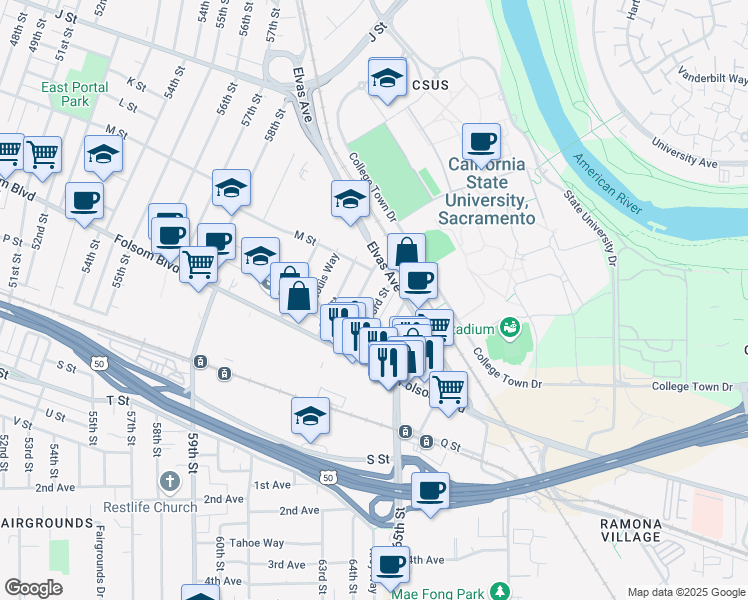 map of restaurants, bars, coffee shops, grocery stores, and more near 1324 63rd Street in Sacramento