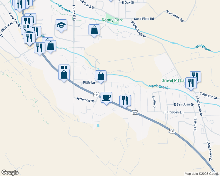 map of restaurants, bars, coffee shops, grocery stores, and more near 1065 Bowling Alley Lane in Moab