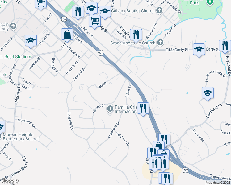 map of restaurants, bars, coffee shops, grocery stores, and more near 700 Nelson Drive in Jefferson City