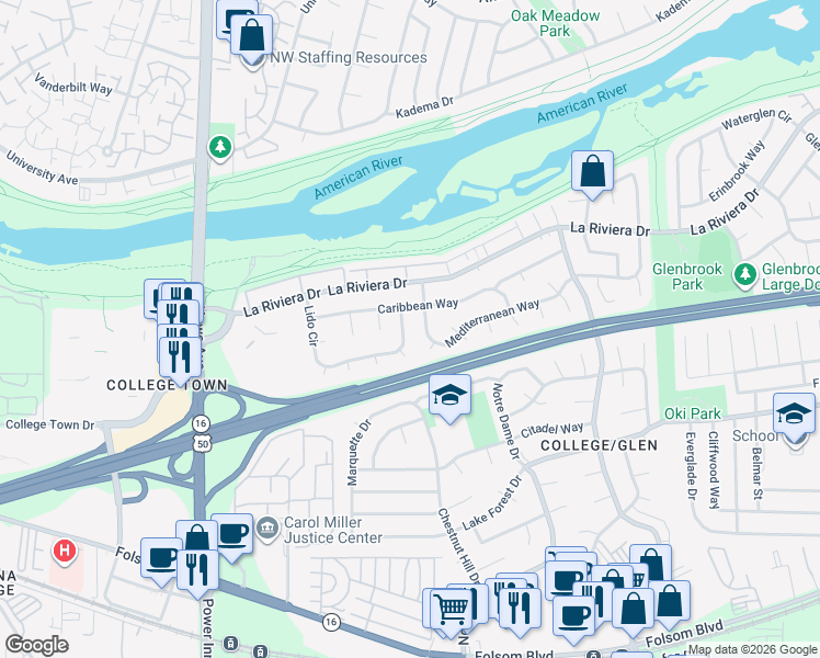 map of restaurants, bars, coffee shops, grocery stores, and more near 172 Lido Circle in Sacramento