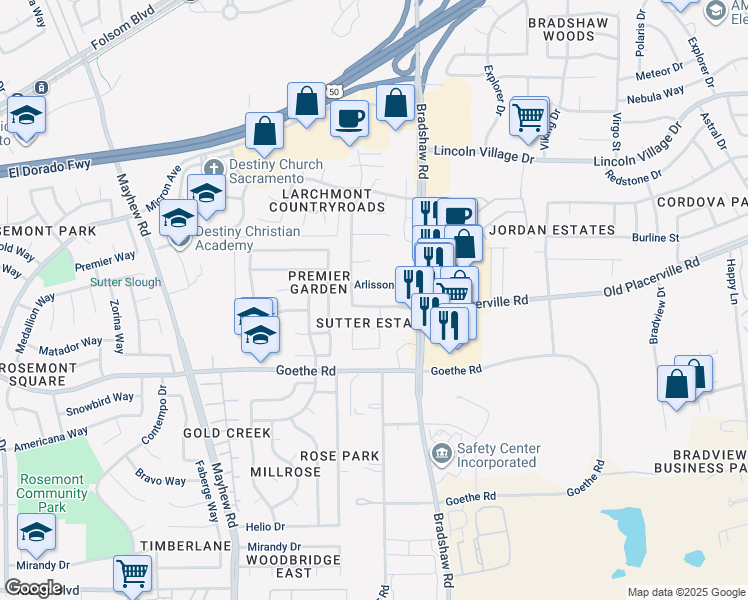 map of restaurants, bars, coffee shops, grocery stores, and more near 9628 Arlisson Drive in Sacramento