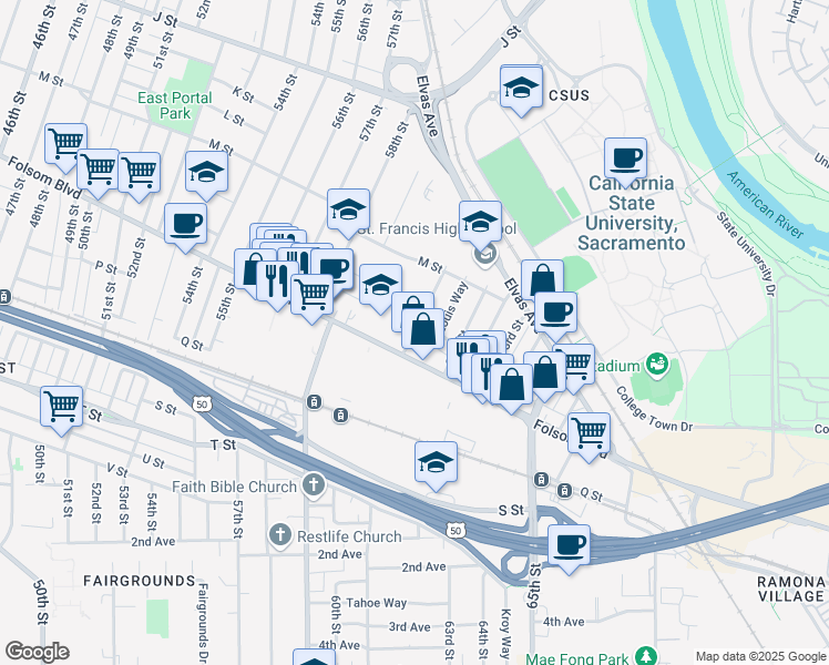 map of restaurants, bars, coffee shops, grocery stores, and more near 1360 60th Street in Sacramento