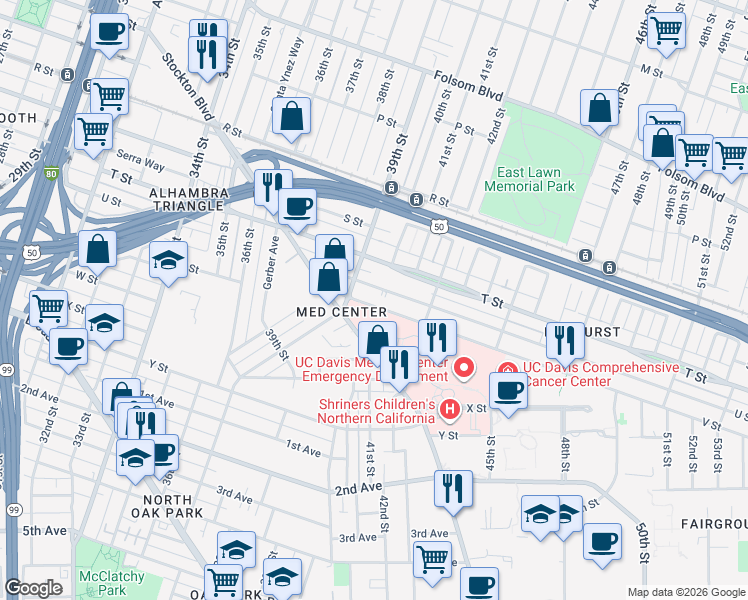 map of restaurants, bars, coffee shops, grocery stores, and more near 3957 U Street in Sacramento