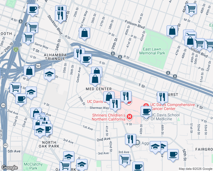 map of restaurants, bars, coffee shops, grocery stores, and more near 3957 U Street in Sacramento