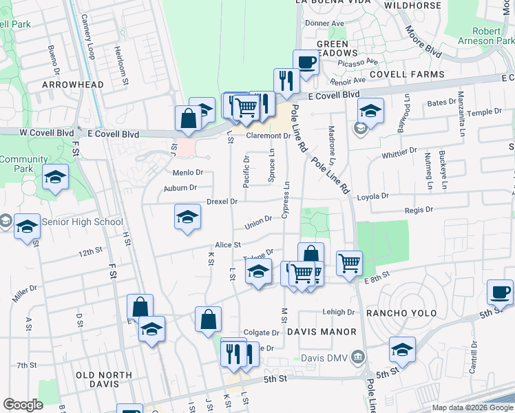 map of restaurants, bars, coffee shops, grocery stores, and more near 1405 Drexel Drive in Davis