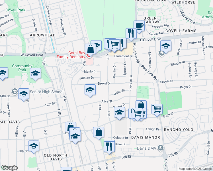 map of restaurants, bars, coffee shops, grocery stores, and more near 1252 Drexel Drive in Davis