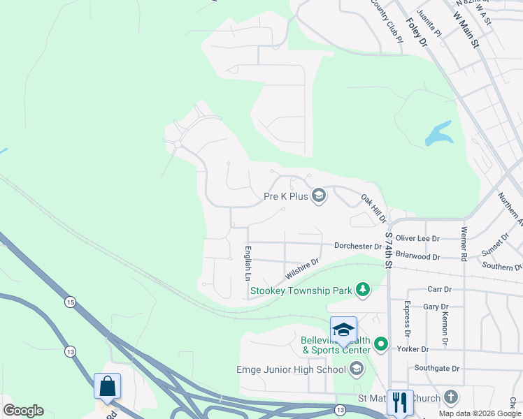 map of restaurants, bars, coffee shops, grocery stores, and more near 390 Oak Hill Drive in Belleville
