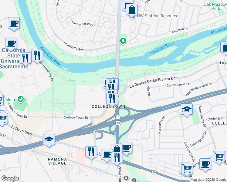 map of restaurants, bars, coffee shops, grocery stores, and more near 7840 La Riviera Drive in Sacramento