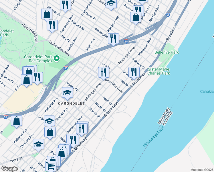 map of restaurants, bars, coffee shops, grocery stores, and more near 6421 Minnesota Avenue in St. Louis