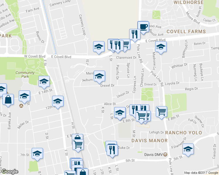 map of restaurants, bars, coffee shops, grocery stores, and more near 1252 Drexel Drive in Davis