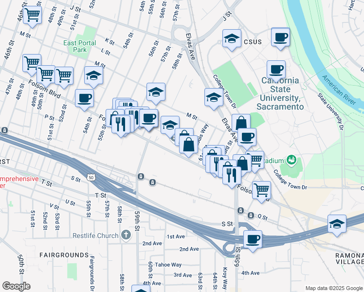 map of restaurants, bars, coffee shops, grocery stores, and more near 1410 60th Street in Sacramento