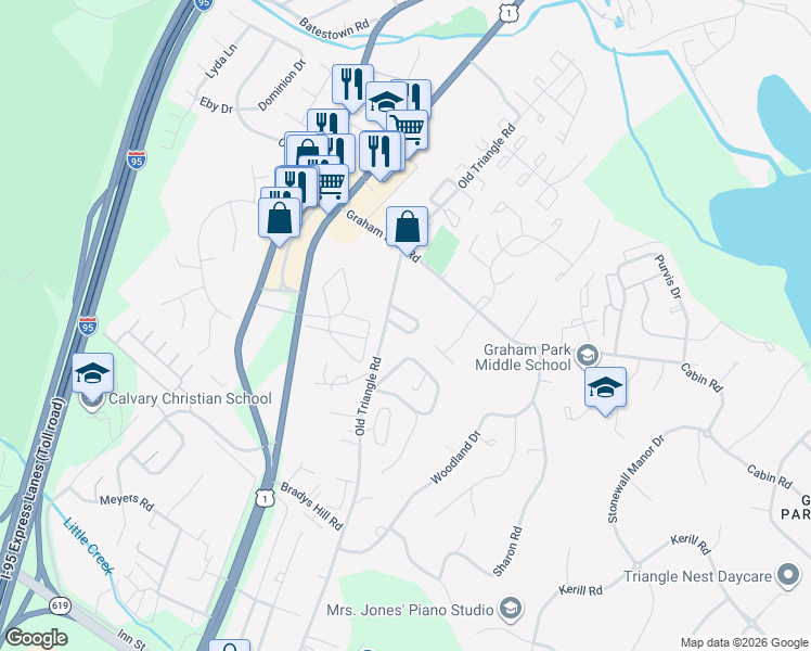 map of restaurants, bars, coffee shops, grocery stores, and more near 17915 Old Triangle Road in Triangle