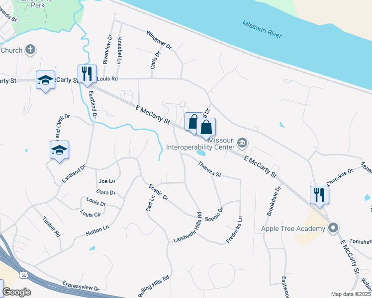 map of restaurants, bars, coffee shops, grocery stores, and more near 121 Landwehr Hills Road in Jefferson City