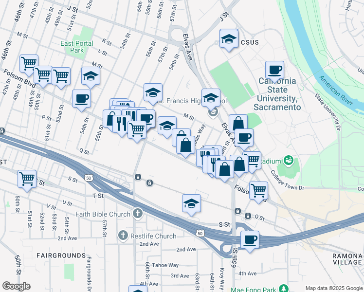 map of restaurants, bars, coffee shops, grocery stores, and more near 1410 60th Street in Sacramento