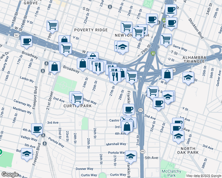 map of restaurants, bars, coffee shops, grocery stores, and more near 2518 27th Street in Sacramento