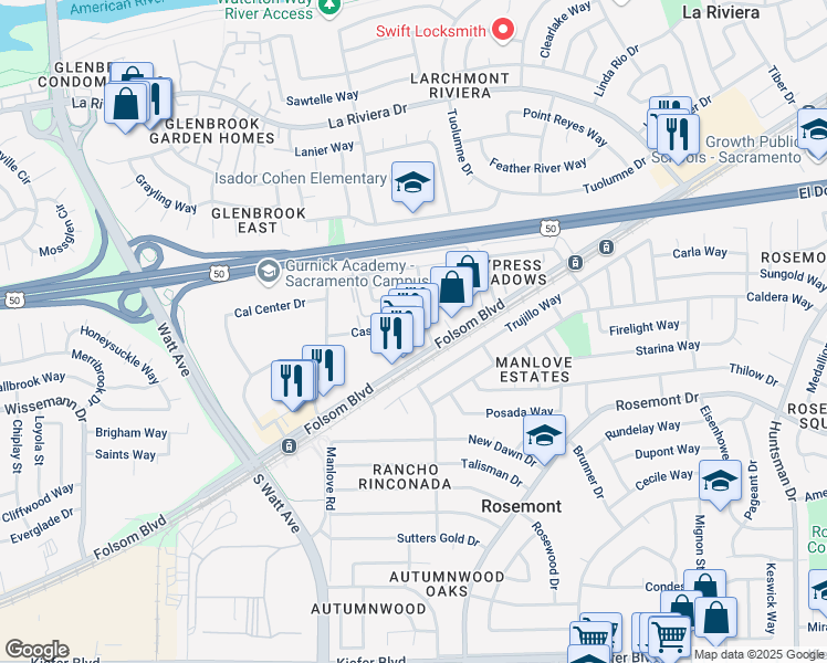 map of restaurants, bars, coffee shops, grocery stores, and more near 9034 Casals Street in Sacramento