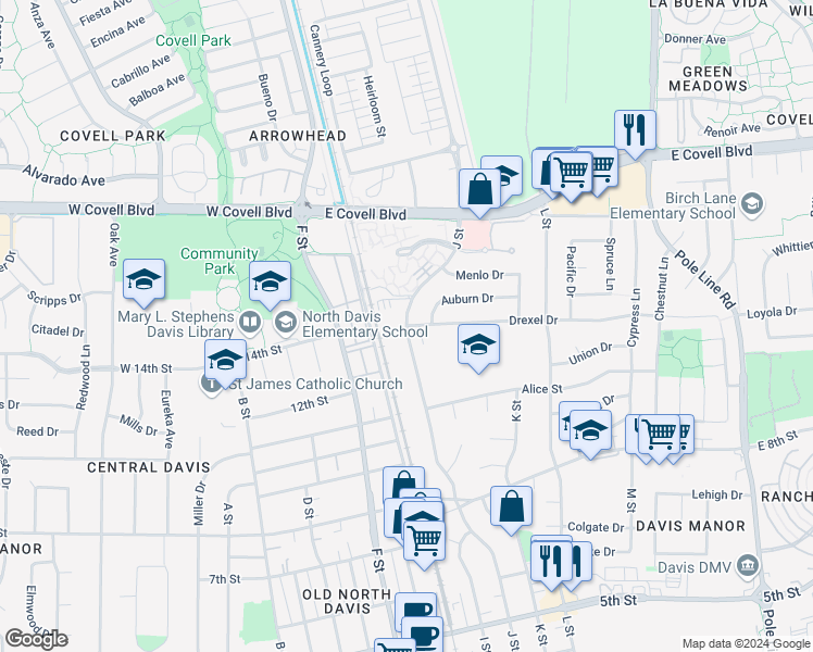 map of restaurants, bars, coffee shops, grocery stores, and more near J Street & Drexel Drive in Davis