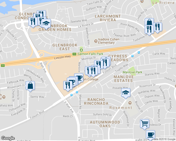map of restaurants, bars, coffee shops, grocery stores, and more near 9040 Casals Street in Sacramento